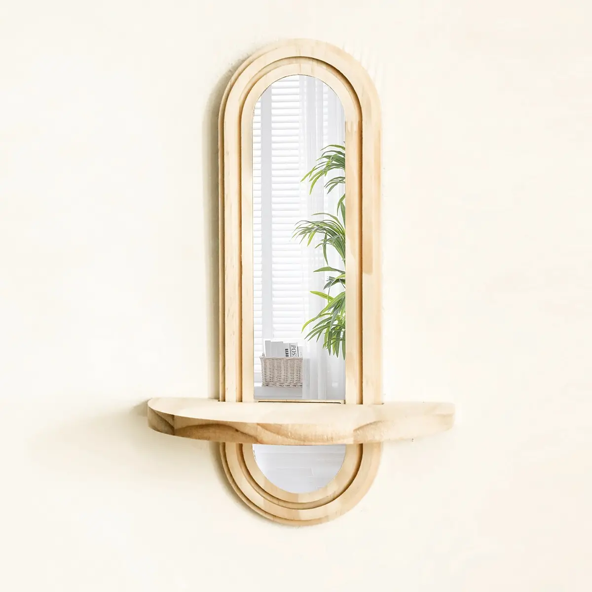 /apricot Arched Mirror Frame Wall Decor, Durable Wooden Hanging Mirror with Floating Shelf, Small Plant/candle Holder, Bedroom/living Room Entrance