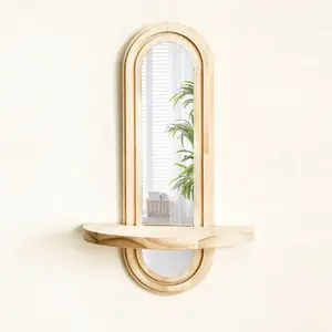 /apricot Arched Mirror Frame Wall Decor, Wooden Hanging Mirror with Floating Shelf, Small Plant/candle Holder, Bedroom/living Room Entrance