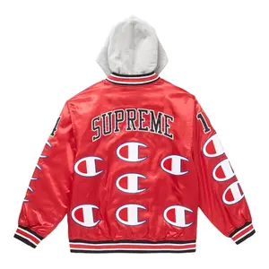 Men's Supreme Champion Hooded Satin Varsity Jacket, Red, Long-Sleeve Tops, Casual Fabric Sleeves