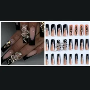 24 Medium Length Press On Nails with Black French Tips and 3-D Snake Rhinestones for Nail Art and Nail Care 3d charms coffin nail Tip Press-On