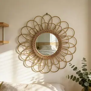 OYPEIP 22" Large Rattan Innovative Art Decoration Round Makeup Mirror Dressing Bedroom Bathroom Wall Hanging Mirrors Craft Photo Props,Glass Decor2026