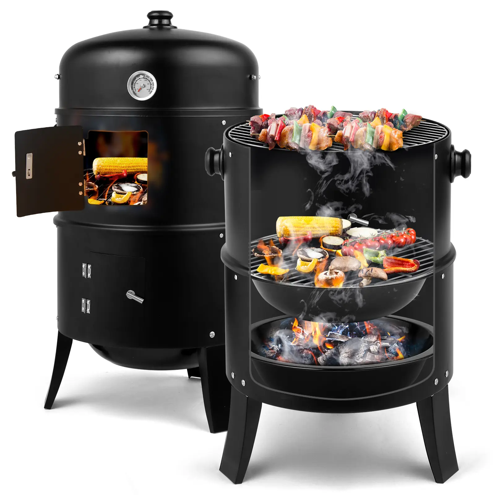 31" Vertical Shape Portable Manual Cast Iron Combination Barbecue-Smokers Single Unit - Heavy-Duty Iron BBQ Grill with Built-in Thermometer, 2-Tier Cylindrical for Backyard, Beach Outdoor Cooking, Charcoal Grill Combination Barbecue-Smokers