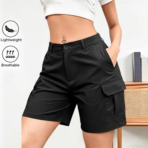 Women's Summer Solid Plain Cargo Bottoms - Button Waist, Large Pockets, Above-Knee, Multi-Color, Daily Casual, Fashionable Shorts, Street Wear
