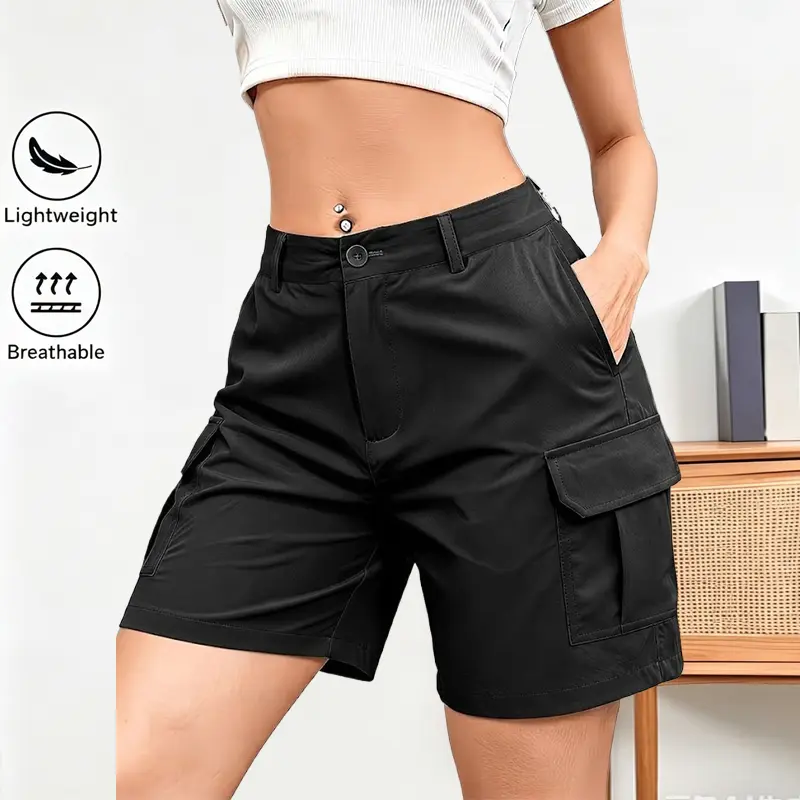 Women’s summer cargo shorts with a button waist and large pockets, available in multiple colors. Suitable for everyday casual wear in summer.