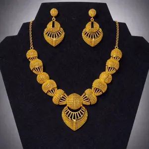 Gold Plated Necklace with Earrings Set - Elegant Beaded Design for Women's Fashion