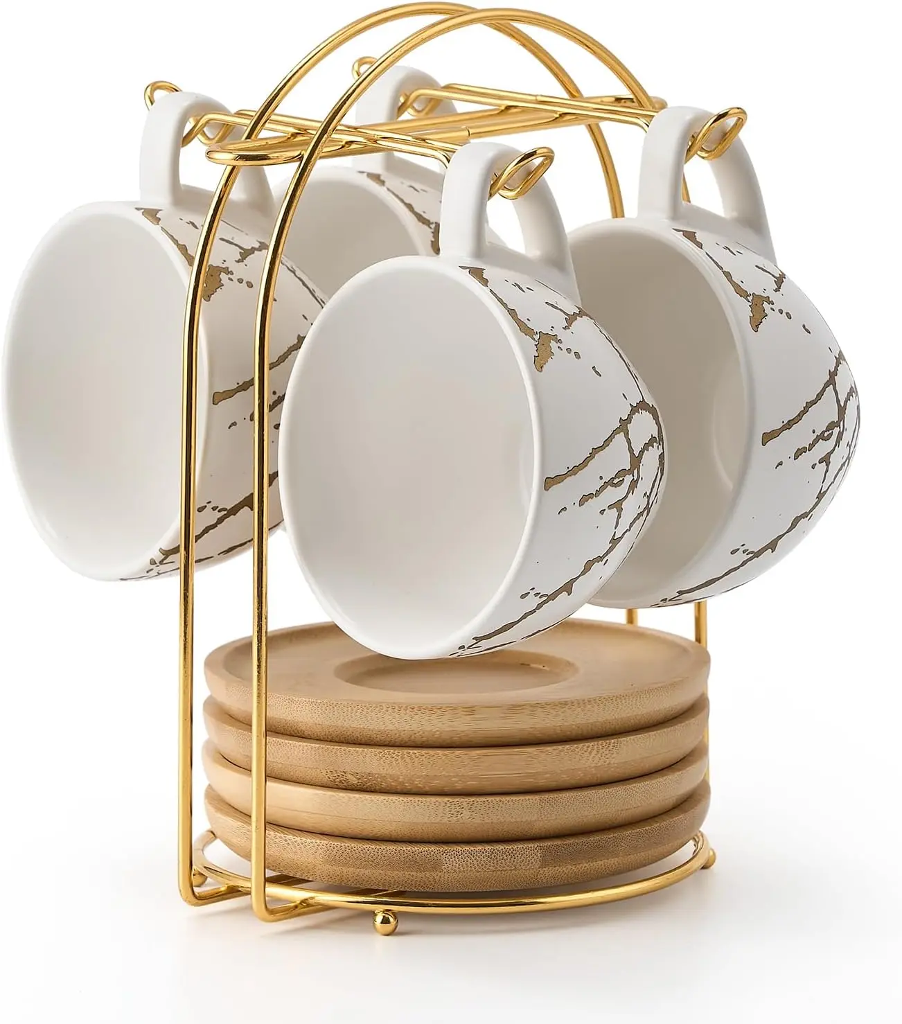 Ceramic Demitasse Espresso Cups Set with Saucers and Metal Stand, 8 oz Porcelain Stackable Cappuccino Cups Teacup For , Espresso, Latte, Coffee, Cafe Mocha, Set of 4, White