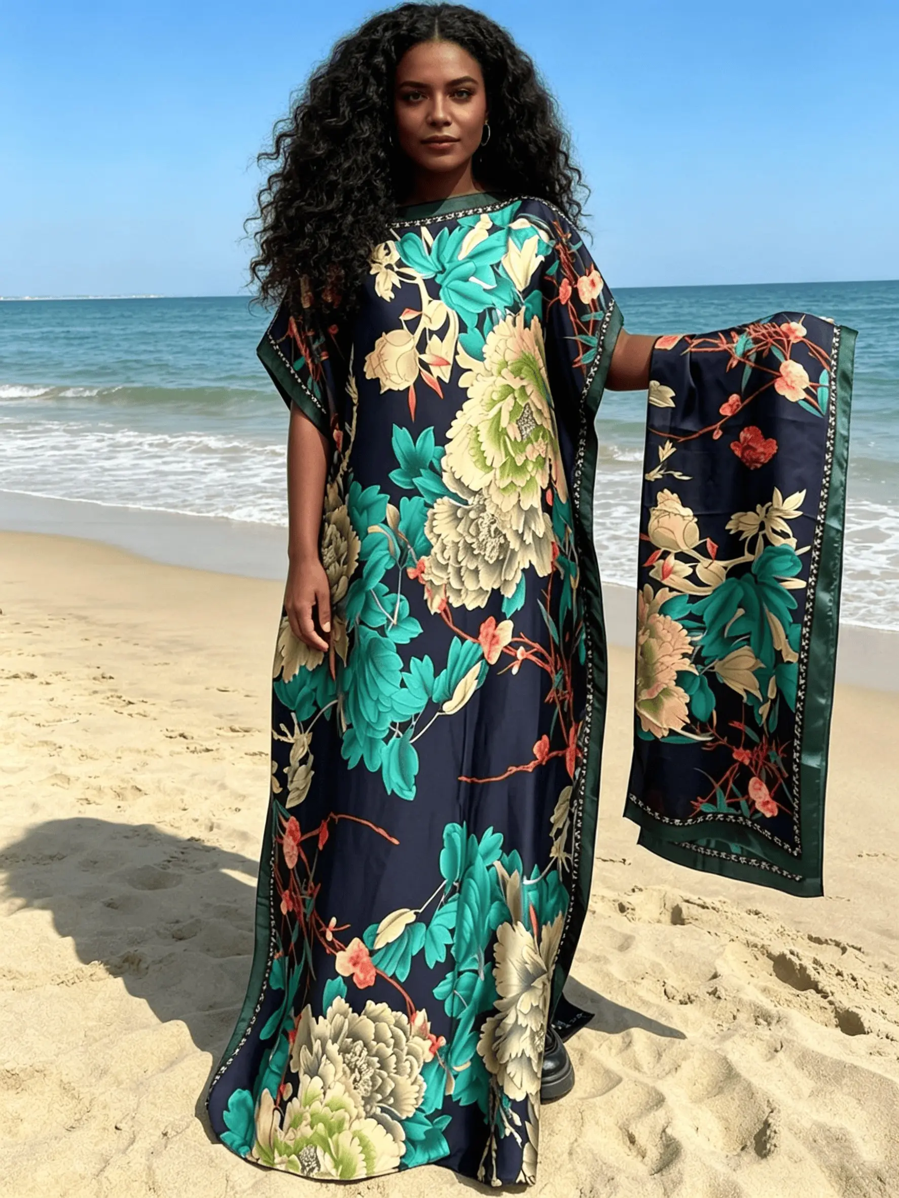1dress+1scarf Navy Blue Peony Floral Print Satin Kaftan Dress for Women, Plus Size Muslim Abaya, Loose Batwing Sleeve Maxi Caftan, Modest Beach Cover Up, Modesty Muslim Clothing, Islamic Robe for Vacation, Eid & Casual Loungewear