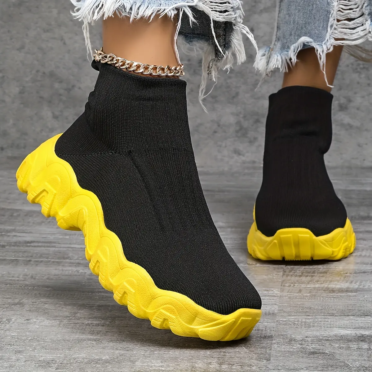 [Yellow High-Top Sneakers] Black and Yellow High-Top Knit Sneakers - Women's Casual Slip-On Sneakers - Textured Rubber Sole, Breathable Fabric, All-Season Comfort Girl Runner Foot Wear Training Trainer Shoe Closed Running Athletic Footwear