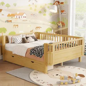 Full Size Platform Bed for Kids, Wood Storage Bed with Drawers and Rails for Girls and Boys, No Box Spring Needed