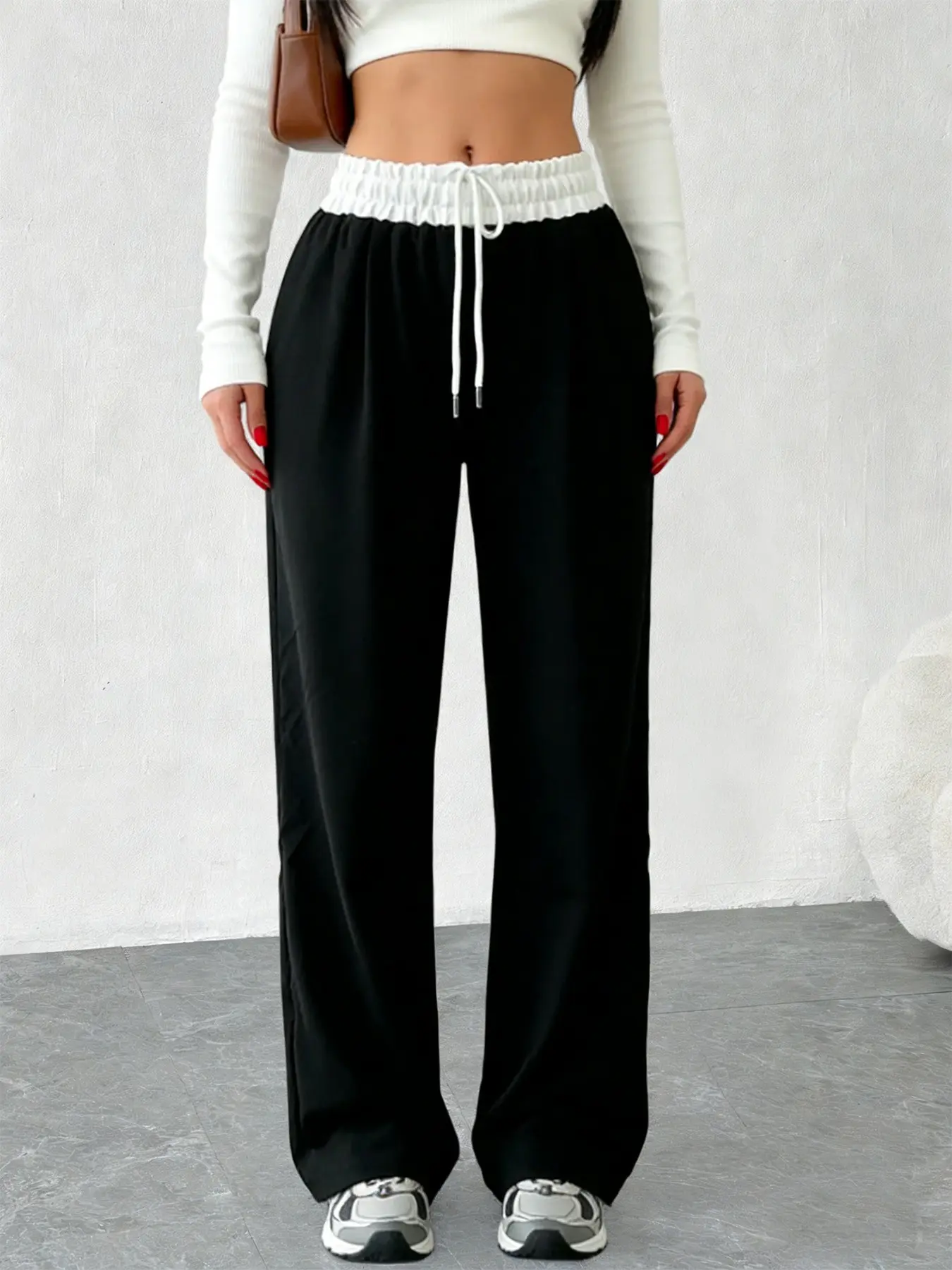 Y2K Style Womenswear American Wide Leg Pants, Casual Fashion Pants, Loose Fit Casual Sportswear, Colorblock Waistband, Perfect for Home Leisure, Fitness Running