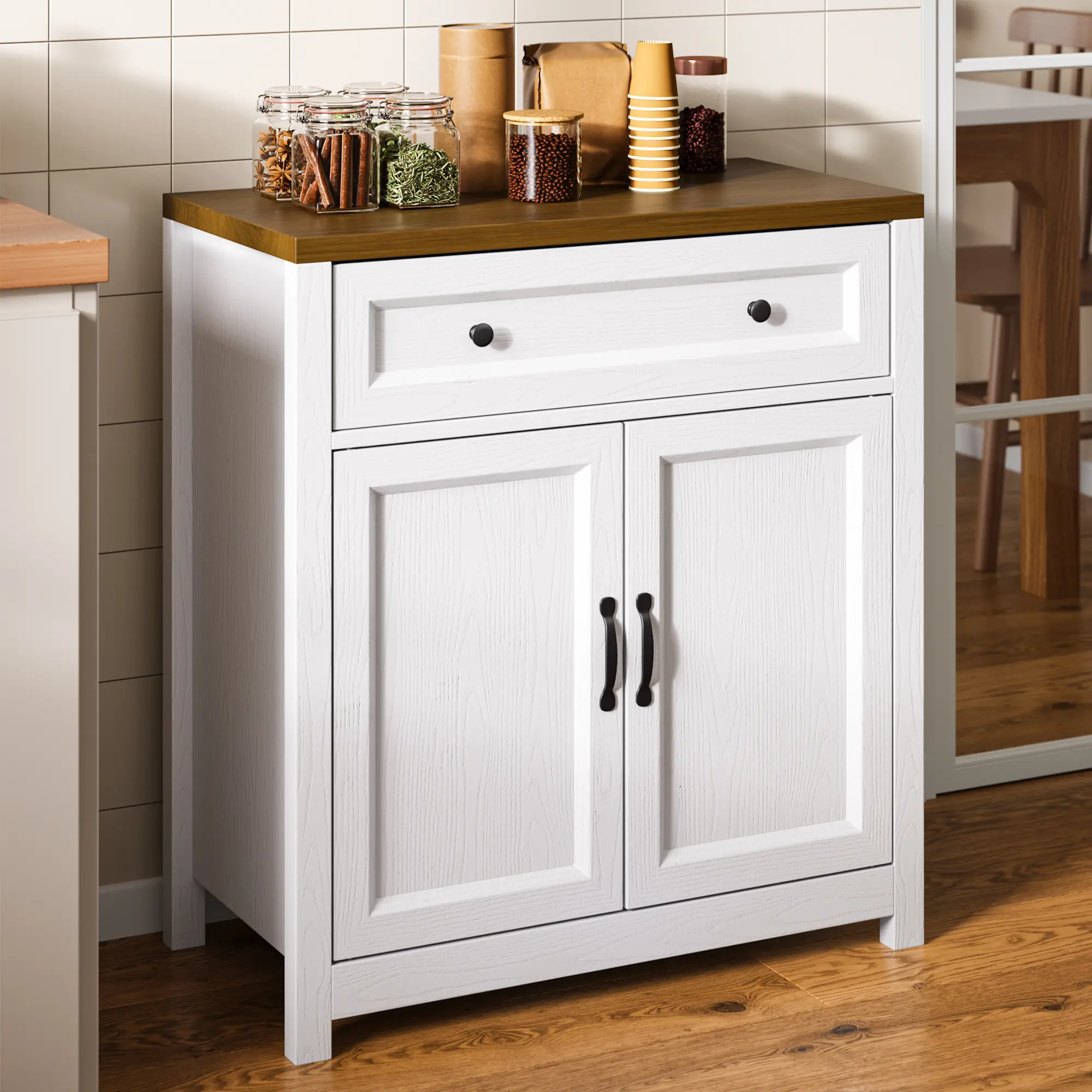 Gizoon Sturdy Wood Farmhouse Sideboard Cabinet - High-Quality Freestanding Cupboard with Adjustable Shelf, Large Drawer, Barn Doors, Antique Grain Look, Durable Hardware, Coffee Bar for Kitchen (Kitchen Inspo), Waterproof