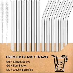 14 Reusable Glass Straw Set with Straight & Bent Straws, Includes Cleaning Brush, Ideal for Milkshakes, Smoothies, Juices, Tea Drinks