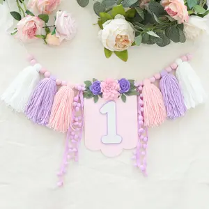 Handmade Wildflower 1st Birthday High Chair Banner Purple Pink Floral Theme Party Decoration For Girls Wall Hangings Decorative