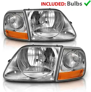 AmeriLite for 1997-2003 Ford F150 Harley Lightning Crystal Chrome Replacement Halogen Headlights with Corner Parking Set - Driver and Passenger