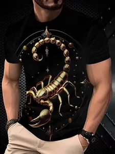 Men's 3D Scorpion Pattern Digital Print Short Sleeve T-Shirt, Casual Comfortable Round Neck Top, Fashion Versatile Regular Fit