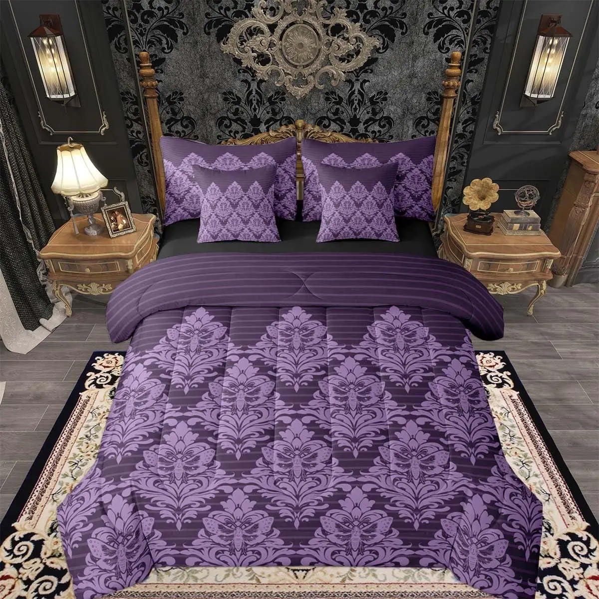 Gothic Purple Damask Comforter Set with Sheets for Kids Boys Girls Exotic Death Moth 7 Pieces Bedding Set Victorian Baroque Floral Goth Bed in a Bag Room Decor Soft Lightweight Microfiber