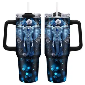 Blue Elephant Floral 40oz Tumbler With Handle and Straw, Luxury Stainless Steel Travel Cup, Spiritual Aesthetic Drinkware Gift