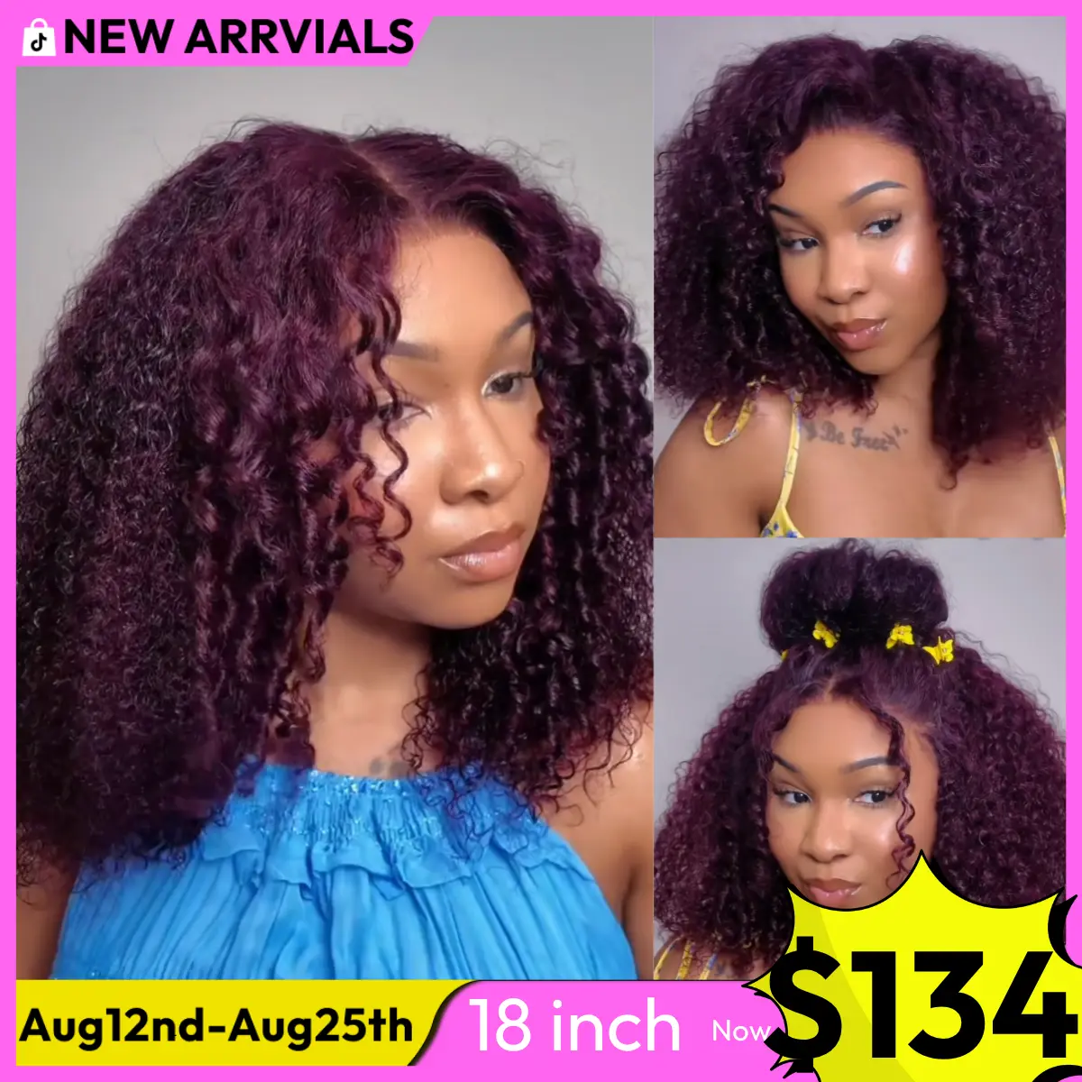 UNice 250% Black Cherry Fluffy  Kinky Curly Wig with Layer Finger Coil Ends Glueless 7x5 Lace Closure Human Hair Wigs 18 inch No Slip Natural Hairline for Beginners Summer Wig  SummerArrvials