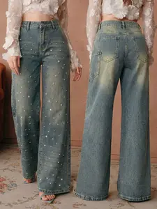 Women's High-End Rhinestone Embroidered Washed Denim Jeans, Loose Casual Versatile Straight Leg Trouser Pants, Mid Waist Fitted Button Fly Bottom