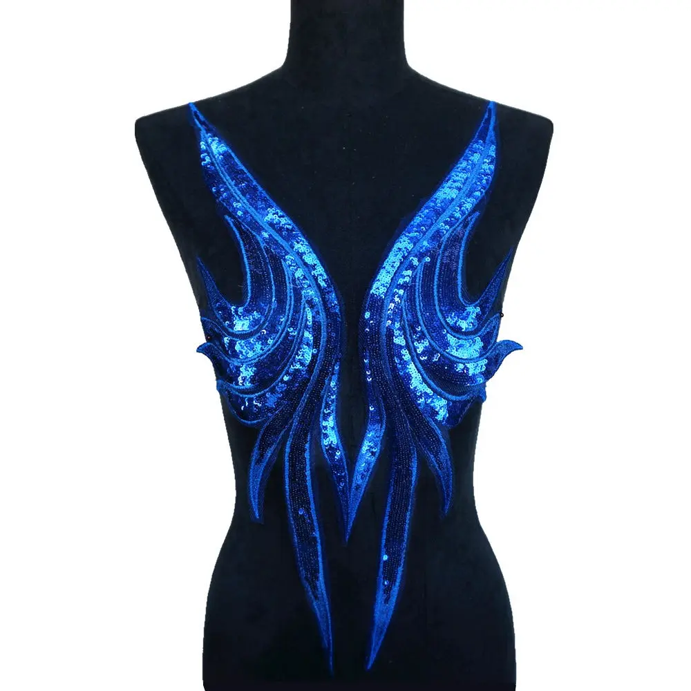 2PCS Blue Sequin Lace Fabric Embroidered Embellished Sequins Gown Appliques Noble Sexy Collar Sew Patches Patch Design Lace Detailing For Wedding Decor Dress DIY