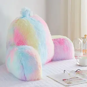 Reading Pillow for Bed - Faux Fur Backrest Pillow with Arms, Reading & Bed Rest Pillows Rainbow Colors, Fluffy Sit Up Pillow, Study Pillow for Kid, Tween, Teens & Adult Girls