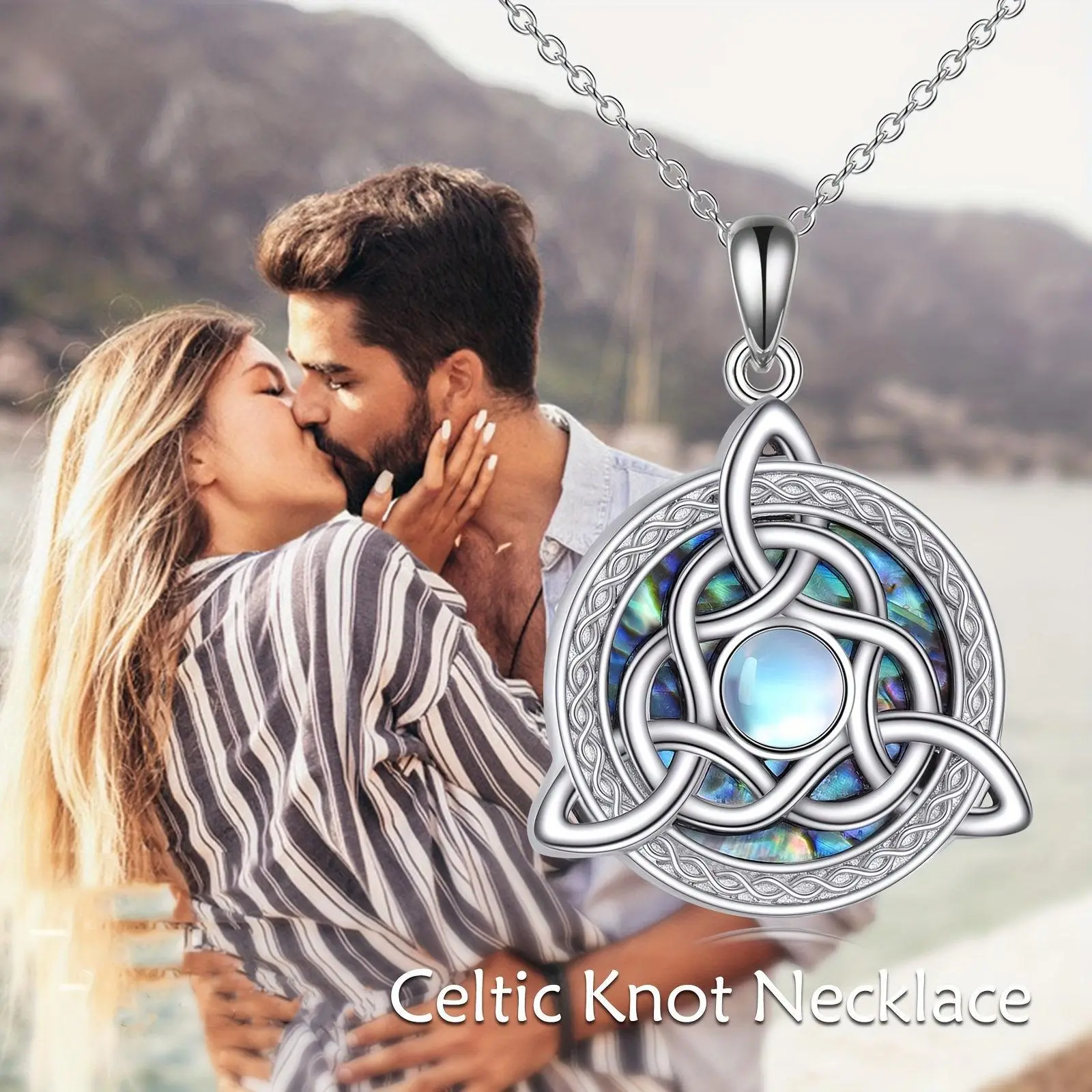 Celtic Knot Pendant Necklace with Iridescent Faux Moonstone | Unisex Boho Spiritual Jewelry on a Stainless Steel Chain | Meaningful Birthday Gift, Stainless Steel Jewelry, Meaningful Gifts, Boho Streetwear Statement, Casual, Geometric