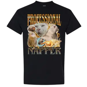 Professional Napper Funny Cat Graphic Tshirt – Vintage Oversized Unisex Tee, Sleep Meme Shirt for Men and Women, Soft Cotton Daily Wear Top