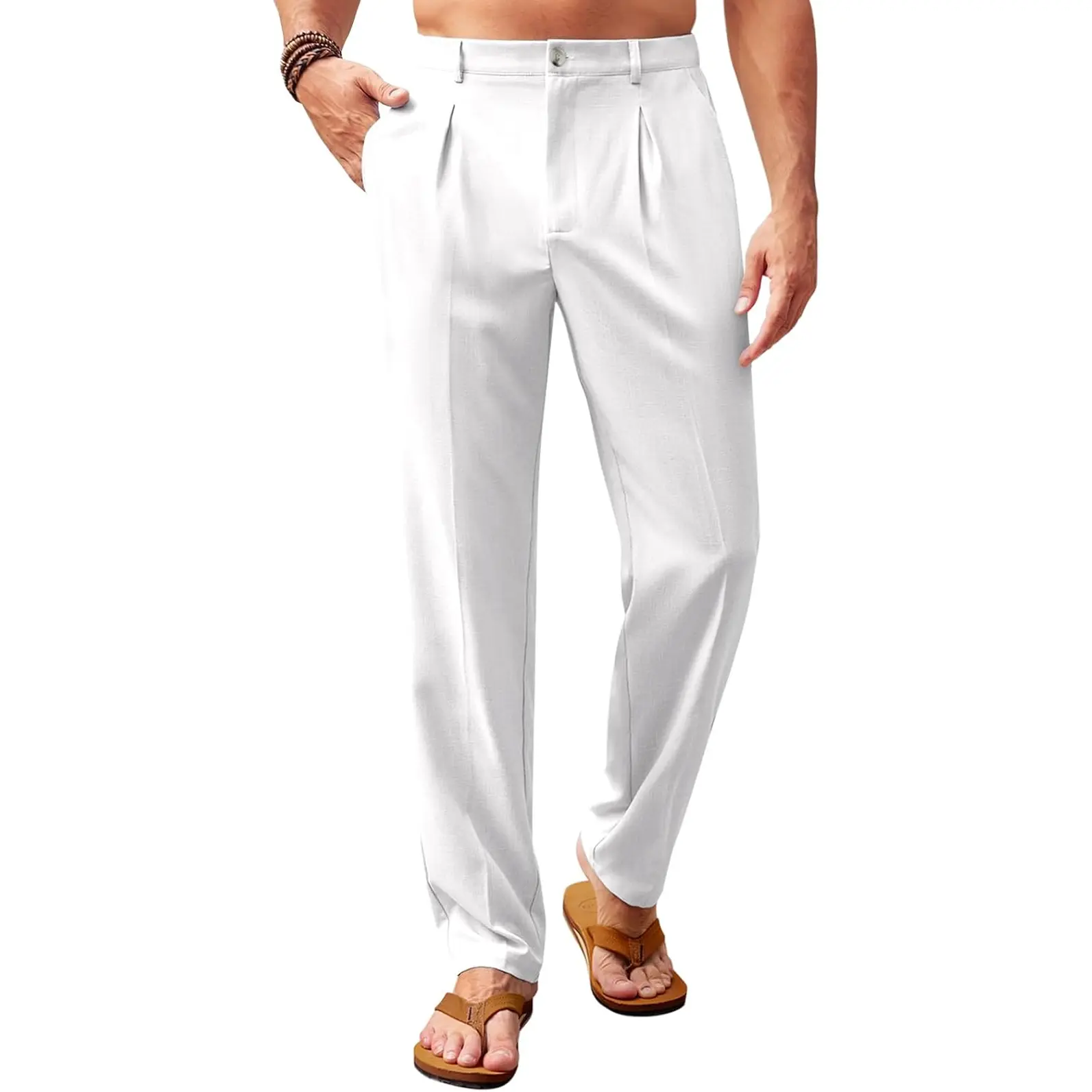 Mens Casual Pants Elastic Waist Lightweight Loose Fit Pleated Slacks Summer Beach Yoga Trousers None