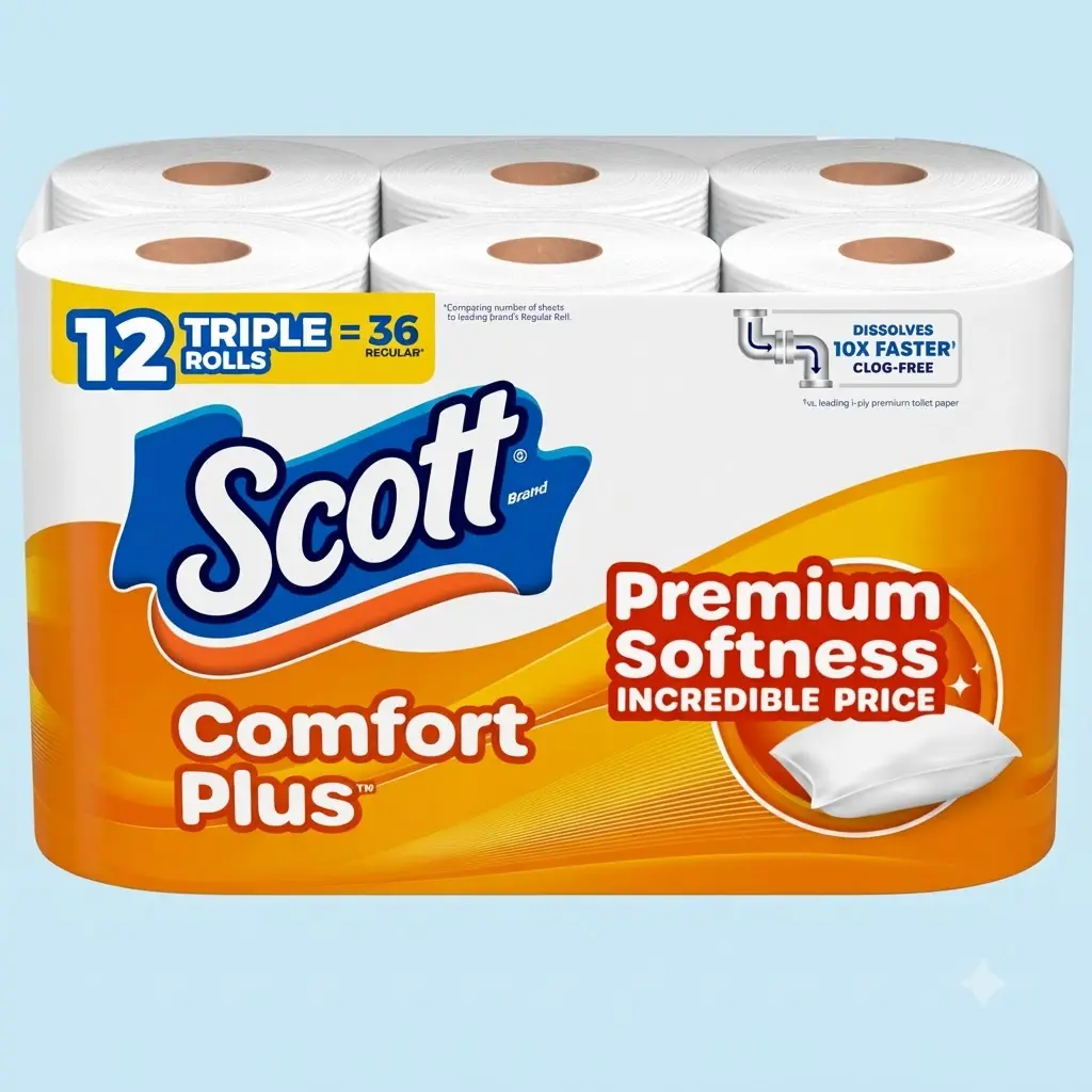 Scott ComfortPlus Toilet Paper 12 Triple Rolls 231 Sheets Per Roll Septic Safe 1 Ply Bathroom Tissue Roll Bulk Pack