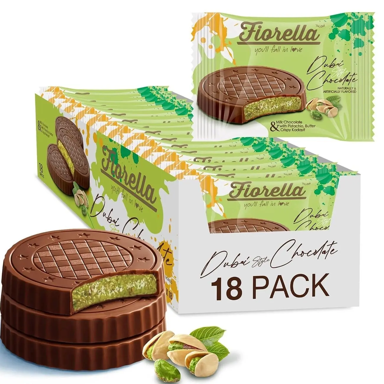 Fiorella Dubai Chocolate Bar Pistachio Knafeh | Milk Chocolate with Pistachio Butter & Crispy Kadayif | Individually Wrapped Snacks, 18 Pack, 17.78 oz (504g)