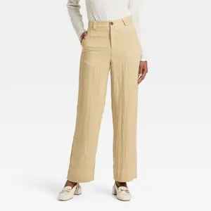 Women's High-Rise Straight Trousers - A New Day Beige 4: Midweight Twill, Back Elastic