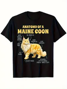 Humorous Maine Coon Anatomy Graphic Tee - Sturdy 180Gsm Black Shirt Featuring Comical Cat Annotations (Fluffy Backside, Toe Hits, Expressive Gaze) - Retro Design Relaxed Fit.Available for Both Men And Women