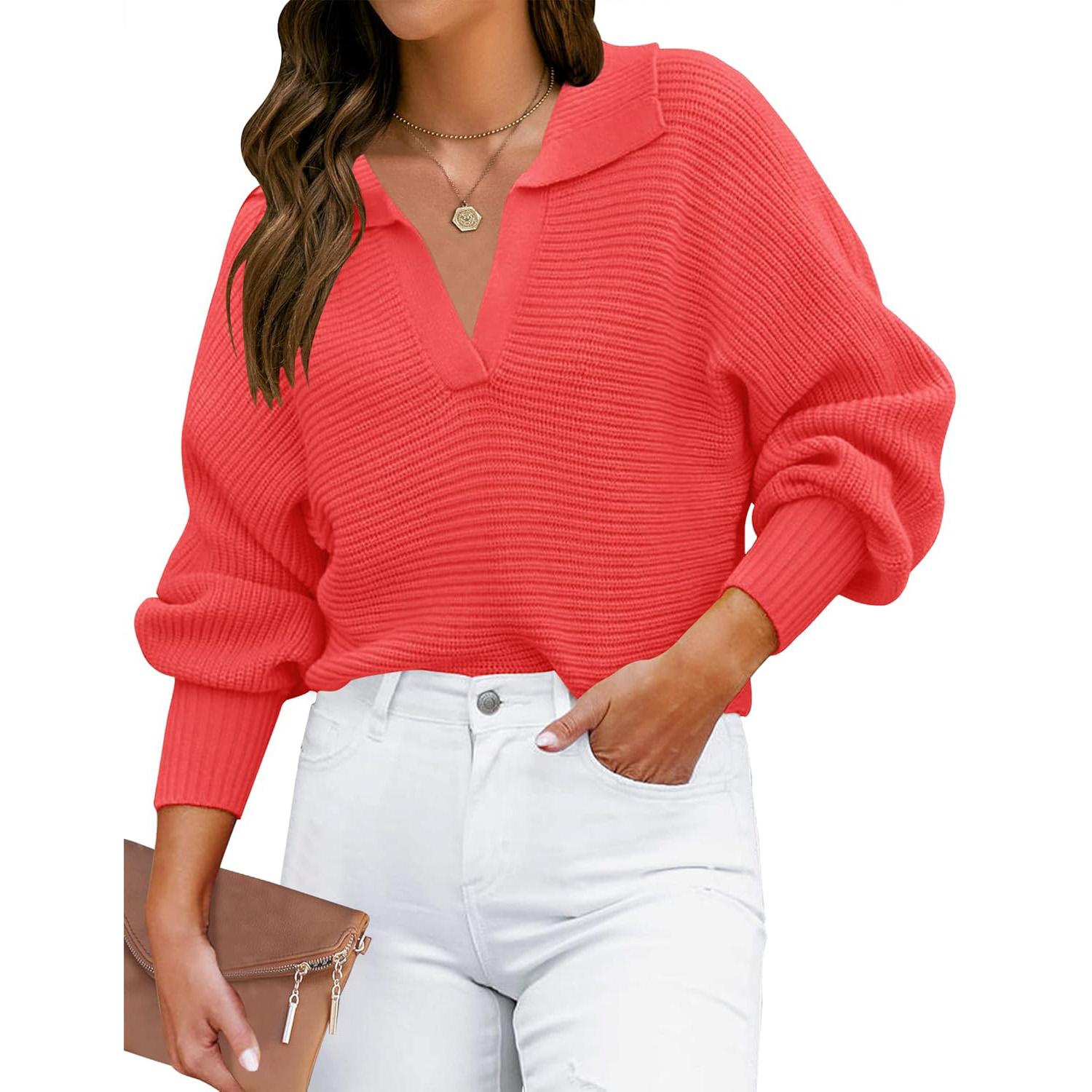 ZESICA Women's 2025 Fall Lapel Collar V Neck Long Sleeve Ribbed Knit Comfy Loose Casual Pullover Sweater Jumper Top