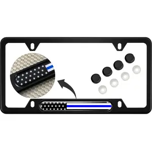 USA Patriotic Anodized Aluminum Thin Top | Narrow Top Car License Plate Frame with U.S. American Flag | Thin Blue Line Insert with Free caps