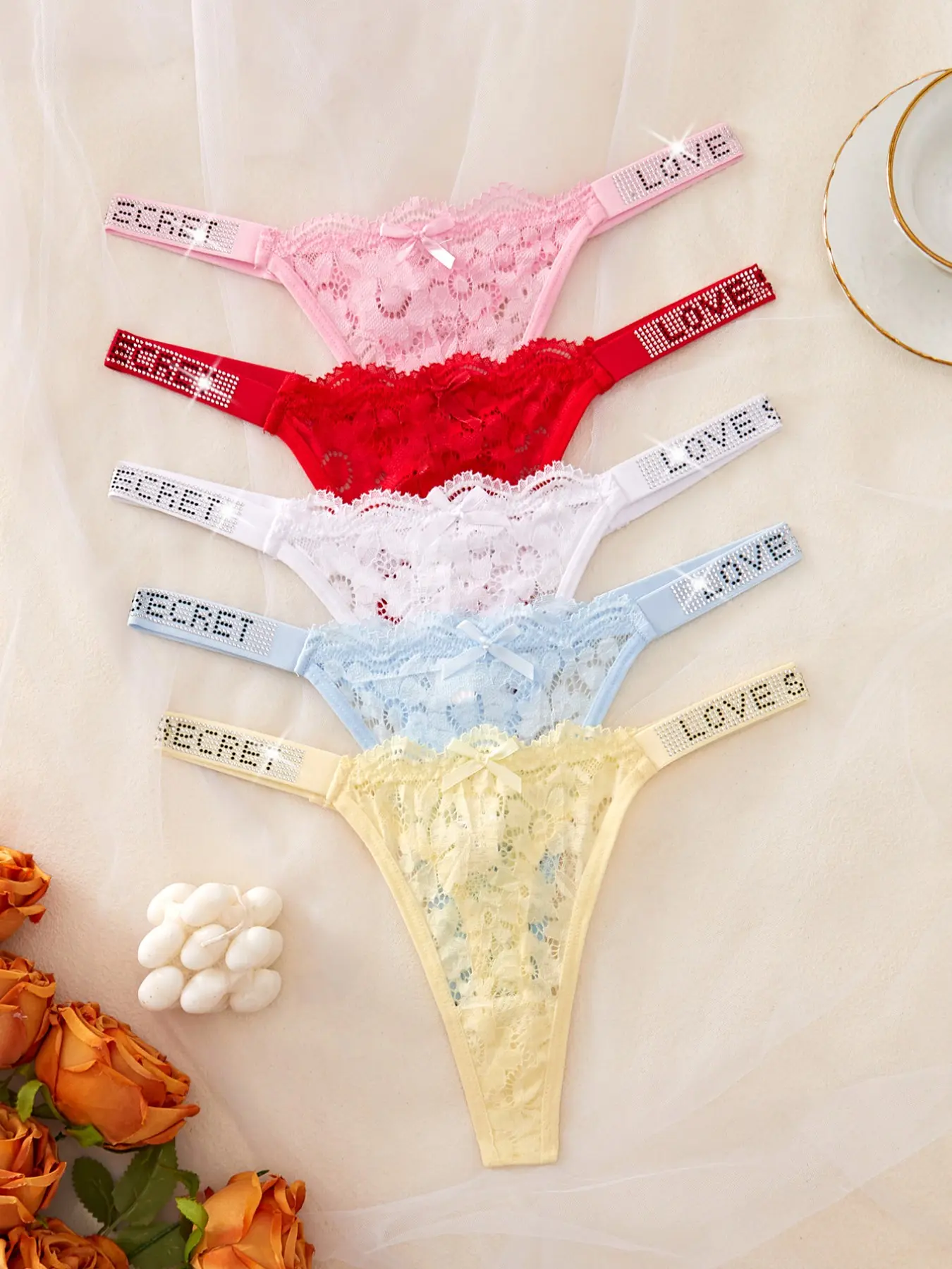 5-Pack Elegant Lace Thongs, Sparkly Shiny Letter Design, Slim-Fit Underwear, Breathable Invisible Panties, Low Waist Underwear, Ideal for Weddings & Yoga, Lingerie, Fashion Breathable Underwear