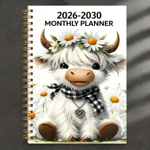 2026-2030 Calendar - From January 2026 to December 2030, 5-year calendar, cartoon Highland cow themed cover design, annual calendar planning, month labels, 60-month calendar, 13.97 cm X 21.08 cm