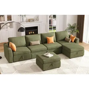 6 Seat U Shaped Corduroy Modular Sectional Sleeper Couch with Pull Out Sofa Bed L Shaped Storage Seat Couch and 2 Ottomans Large Sofa for Spacious Living Room