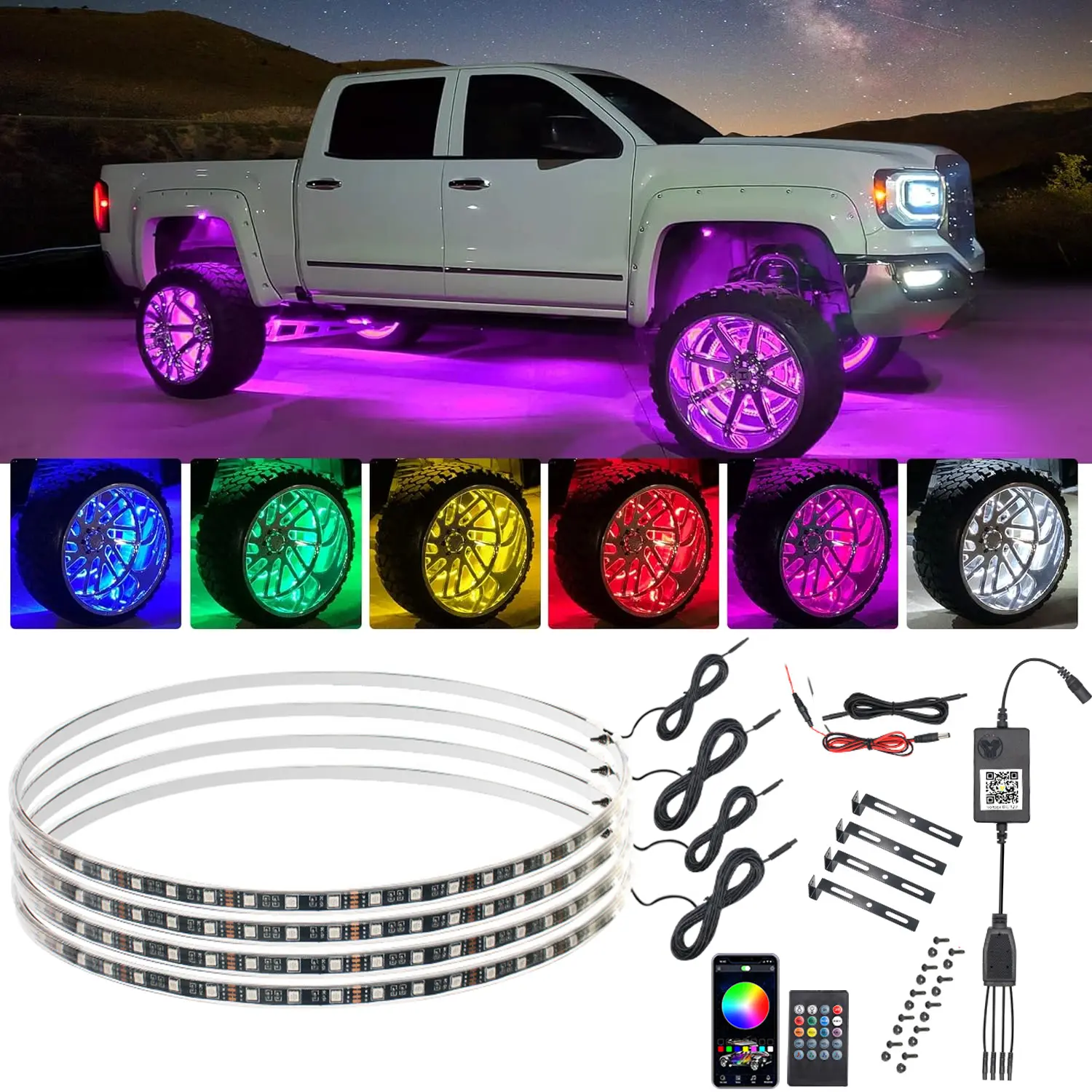 4PCS 17in Luminous Waterproof Car Tire Wheel Lights Multipack - Car Accessories with APP & Remote Control, Easy Installation, Personalized Enhancement for Night Drives, Off-Road Adventures
