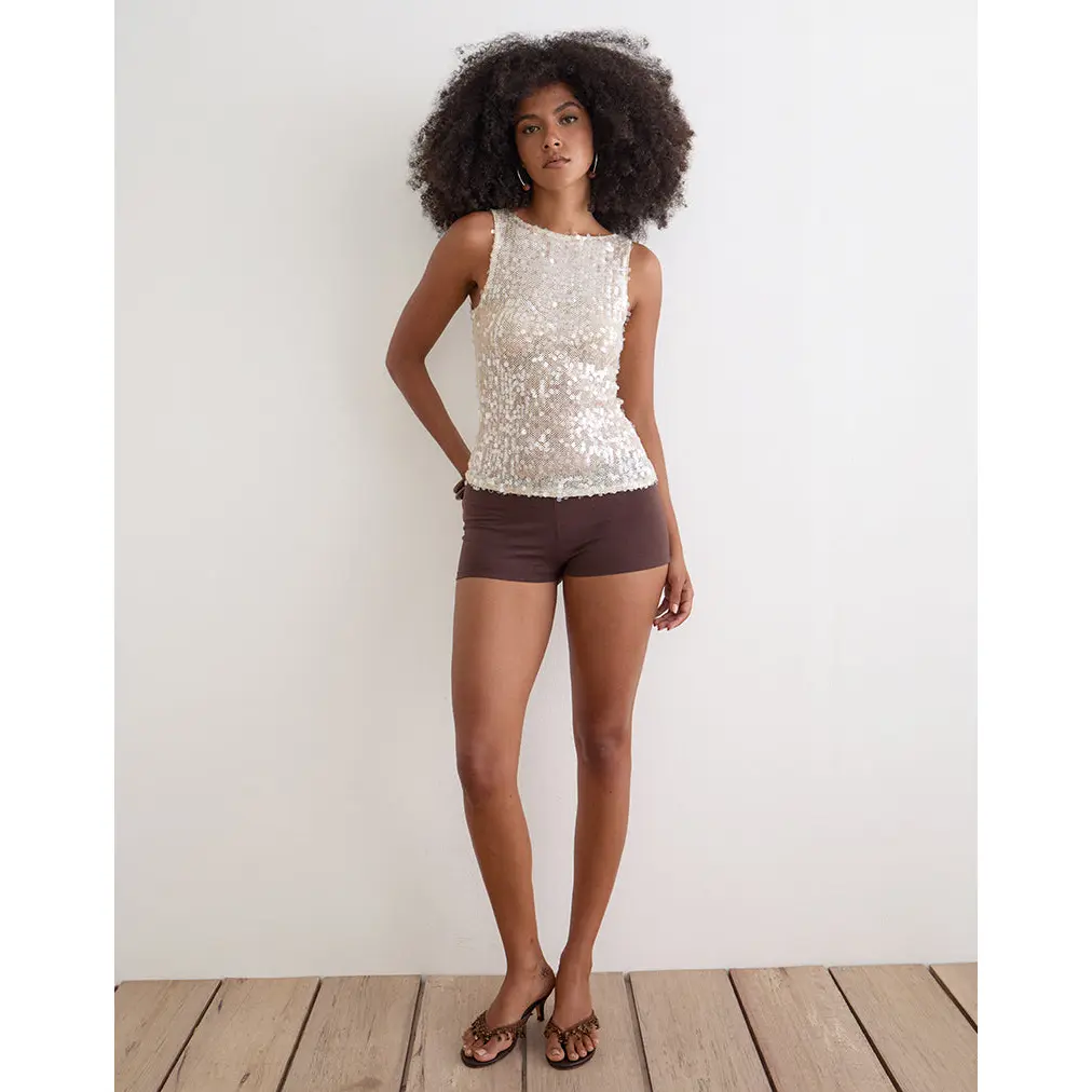 Dudley Vest Top in Sequin Crochet Cream