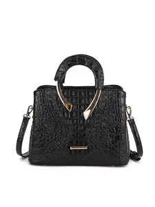 Crocodile Embossed Dome Satchel Bag, Metal Decor Handle Crossbody Purse, Detachable Strap Shoulder Bag, Black Elegant Handbag for Women