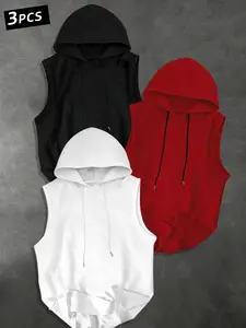 Men's 3-Pack Solid Color Hooded Drawstring Sleeveless T-Shirt, Casual Comfortable Hoodie Vest, Summer Outdoor Fitness Wear
