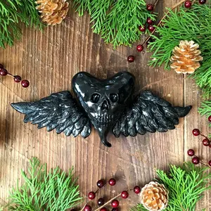 Black Skull Heart with Wings - Gothic Style Statue Decor