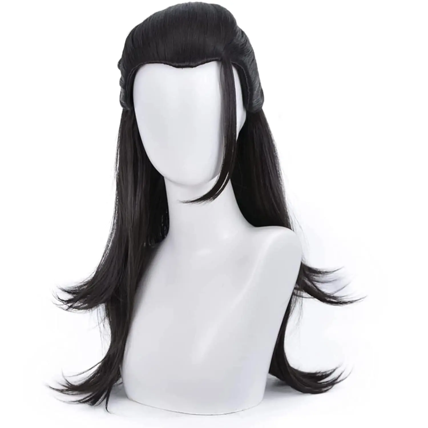 Getoguys Men's Synthetic Hair Anime Long Black Wig with Bangs - Half Up Half Down with Buns, Breathable Adults' Cosplay Wig for Halloween, Daily Fashion, Cosplays