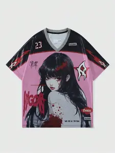 Men's Letter & Figure Print V Neck Short Sleeve T-shirt, Regular Fit Casual Graphic Tee for Summer, Men's Top for Daily Wear
