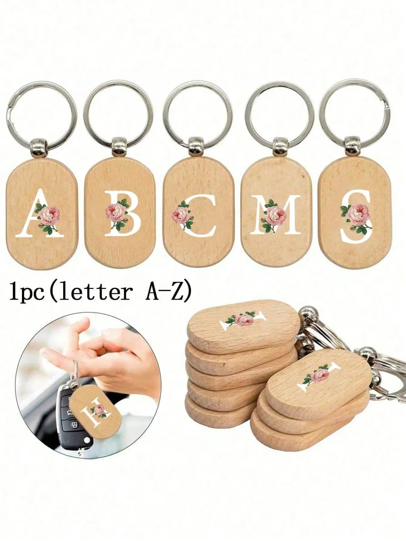 A dried rose wooden keychain with letters A-Z, wooden letter pendant, customizable engraving creative small gift, bag charm, wooden tag, keyring, engraving blank wooden board, DIY accessory