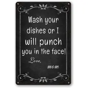 Funny metal aluminum sign, 8x12 inches, for kitchen wall decor – "Wash the dishes, or I'll hit you!" – perfect for home decor, cafes, and kitchens.
