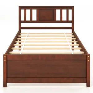 COSTWAY - Wooden Platform Bed with Headboard and Slat Support-Twin Size