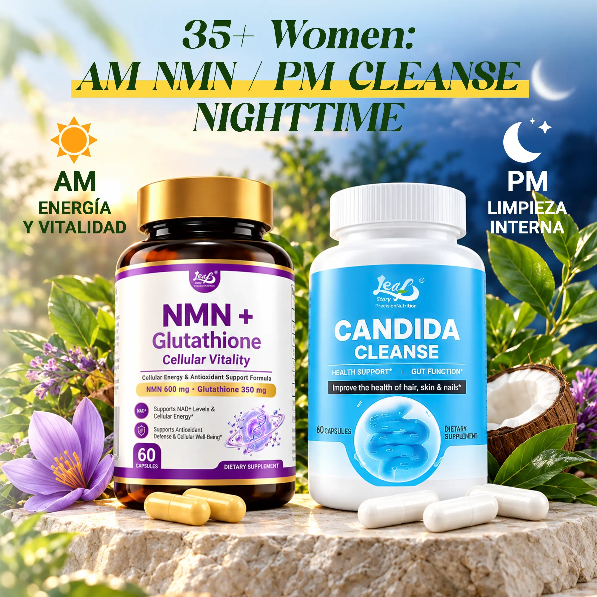 LeafStory Daily Wellness Duo, Candida Cleanse + NMN for Women & Men, Oregano & Caprylic Acid Herbal Supplement, NMN NAD+ & Antioxidant Support, Cellular Energy & Healthy Aging Routine