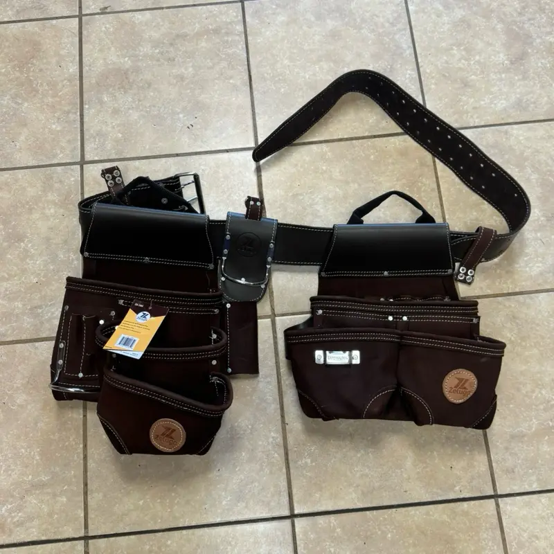 Zeluga 20-380 Sued Leather Tool Belt, Bag, Hammer Holder, Carpenter, Construction, Framers, Handyman and Electrician Tool Bag Set, Dark Brown