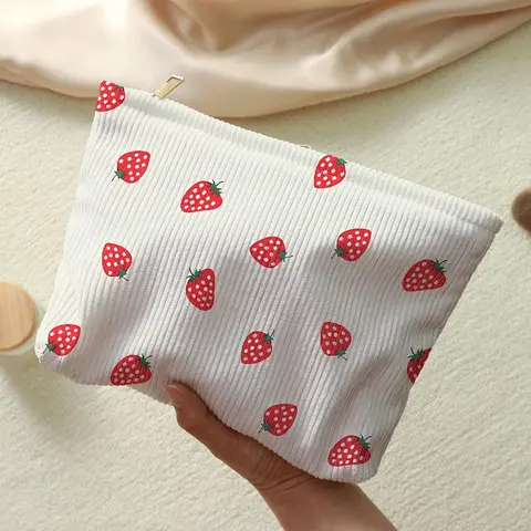 Strawberry Pattern Makeup Bag, Lightweight Multi-functional Travel Cosmetic Bag, Zipper Makeup Organizer Pouch, Versatile Storage Bag, Portable Cosmetic Bags